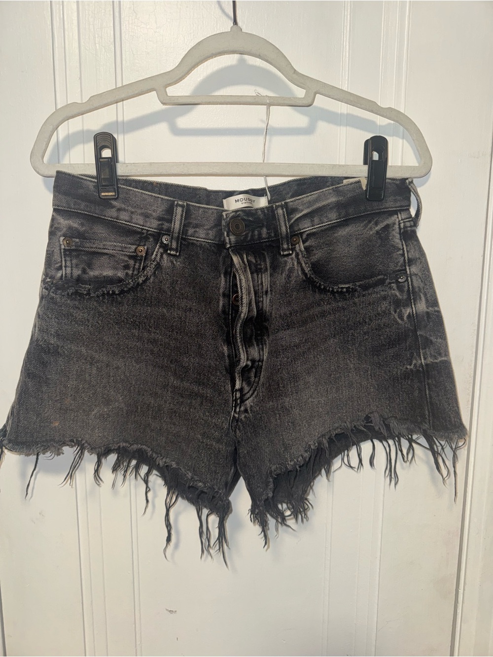 Moussy Washed Black Distressed Denim Cutoff Shorts